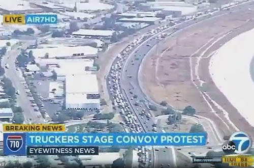 洛杉磯和長灘港卡車司機罷工開車游行連綿幾公里